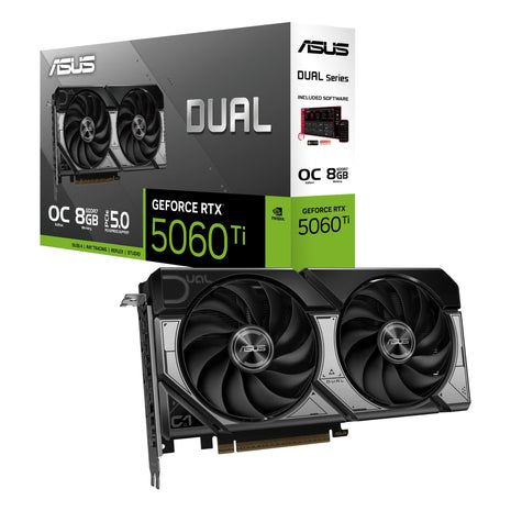 ASUS Dual NVIDIA GeForce RTX 5060 Ti 8GB GDDR7 OC Edition Graphics Card (PCIe 5.0, DLSS 4, HDMI 2.1b, DisplayPort 2.1b, 2.5-Slot, Axial-tech Fan, 0dB Technology), 3 Year Warranty