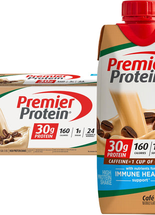 Premier Protein +Energy 30g High Protein Shake , Café Latte, 12 Pack | Caffeinated, 160 Calories, 24 Vitamins & Minerals, No Added Sugar, Supports Muscle Health, Gluten-Free, 11 oz