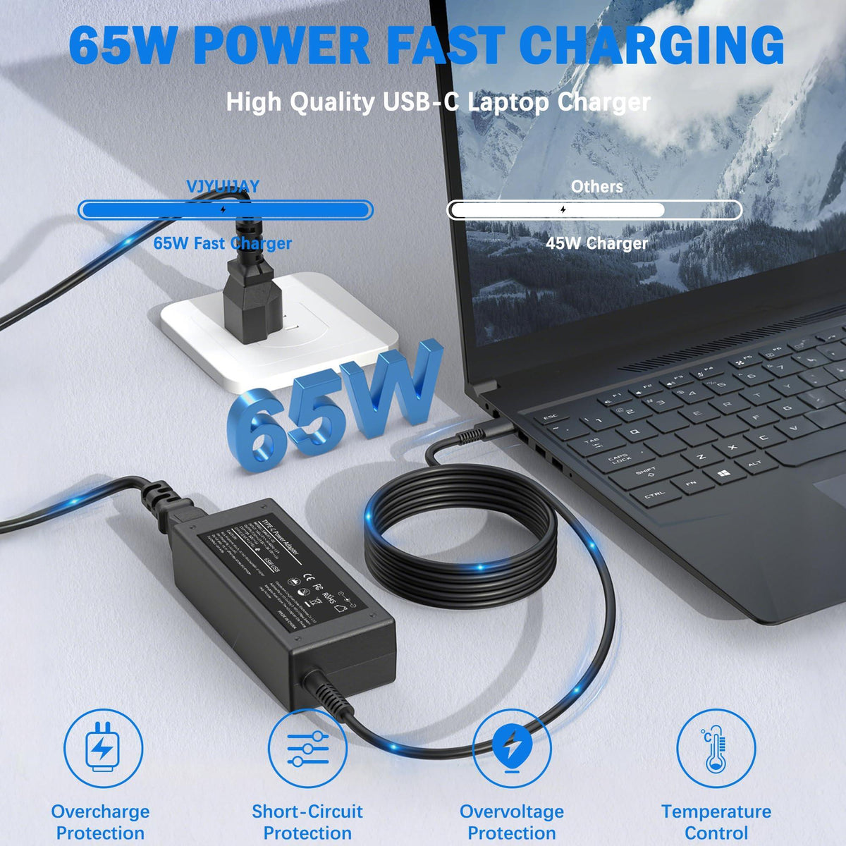 VJYUIJAY Universal 65W 45W Chromebook Charger USB C Laptop Charger Compatible with HP Lenovo Dell Acer Asus Samsung Google Computer Type C Fast Power Adapter School