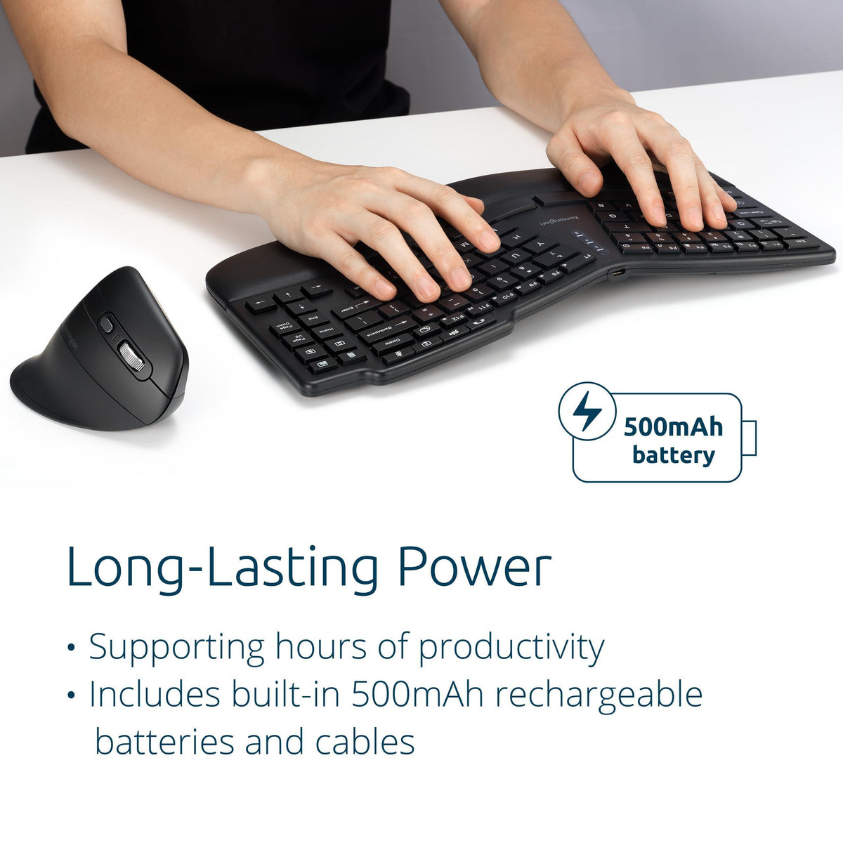 Kensington Pro Fit Ergo KM675 EQ Wireless Keyboard and Mouse, TKL Keyboard, Rechargeable Split Keyboard Ergonomic, Bluetooth & 2.4GHz up to 3 Device Connection, Programmable Keys, Black, K75492US