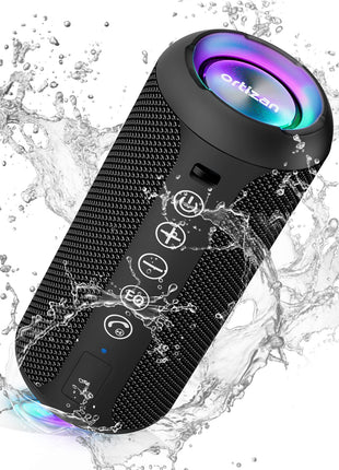 Ortizan Portable Bluetooth Speaker: IPX7 Waterproof, 24W Loud Sound, Deep Bass, Bluetooth 5.3, LED Lights, Wireless Stereo Pairing, 30H Playtime, for Home/Outdoor/Party/Beach, Birthday Gift (Black)