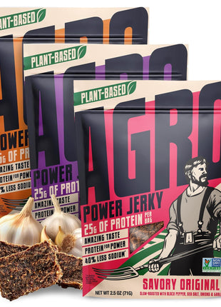 AGRO POWER Vegan Jerky Variety Pack, Savory Original, Texas BBQ, Grilled Teriyaki Plant-Based Jerky, Non-GMO, High Protein, 40% Less Sodium, Zero Cholesterol, Meatless Vegetarian Healthy Snack, 3 Pack