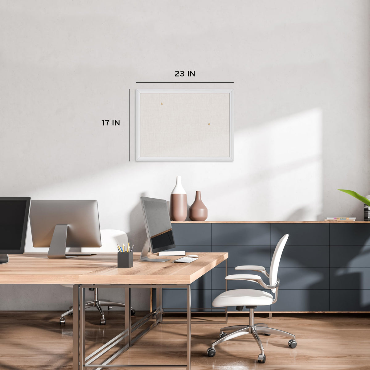 U Brands Farmhouse Linen Bulletin Board, 24" x 18", White Wood Style Frame, Industrial Grade Pinning Surface