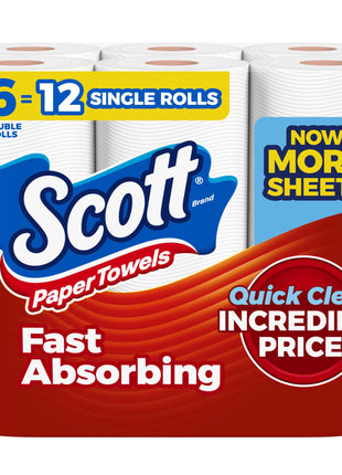 Scott Paper Towels, Choose-A-Sheet, 6 Double Rolls = 12 Regular Rolls (108 Sheets Per Roll)