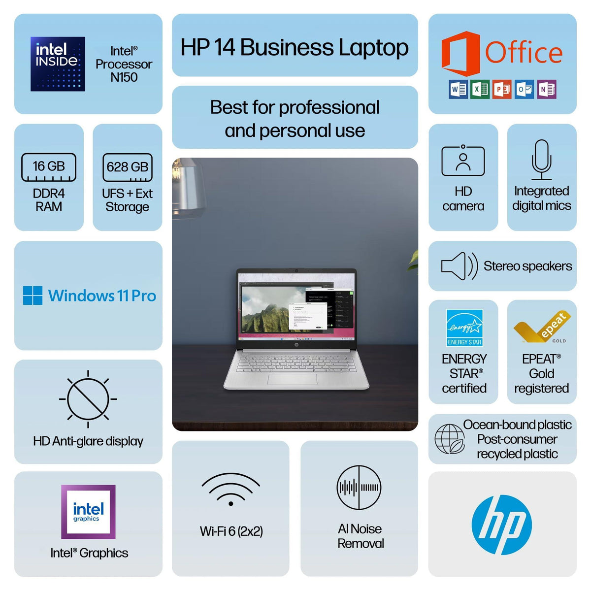 HP 14" Laptop 2025 Business Student Slim Computer, Lifetime MS Office, Copilot AI, Quad-Core Intel CPU, 16GB RAM, 628GB Storage (128GB UFS+500GB Ext), MarxsolAccessory, Wi-Fi 6, Win 11 Pro, Silver