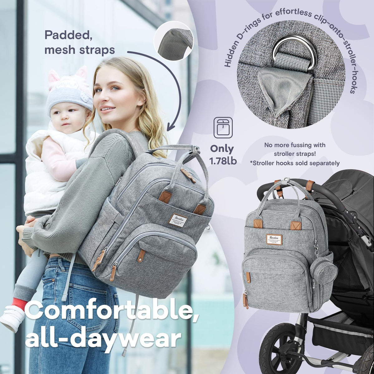 RUVALINO Diaper Bag Backpack-Multifunction Travel Baby Diaper Bag with Changing Pad, Insulated Bottle Holders & Pacifier Case, Large Capacity, Waterproof, Gray