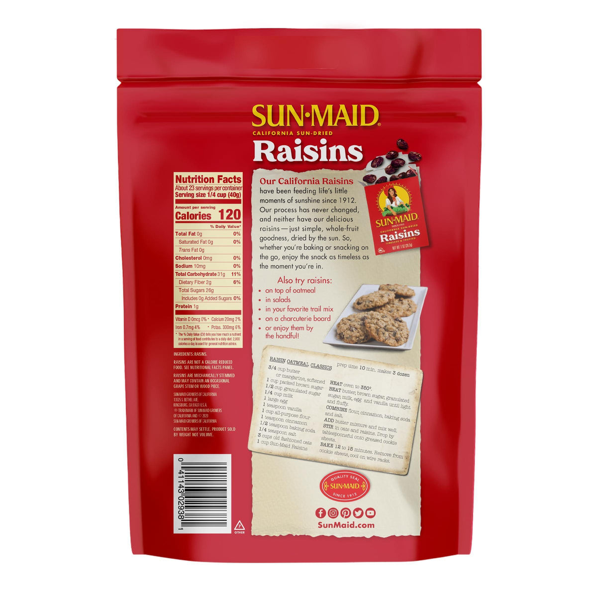 Sun-Maid California Sun-Dried Raisins - (2 Pack) 32 oz Resealable Bag - Dried Fruit Snack for Lunches, Snacks, and Natural Sweeteners