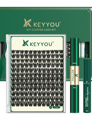 KEYYOU Lash Clusters Kit 144pcs Thick Volume D Curl Eyelash Clusters Lash Extension Kit with Mascara Brush Bond and Seal Glue Remover Applicators and Brush for DIY Lash Extensions (Y02)