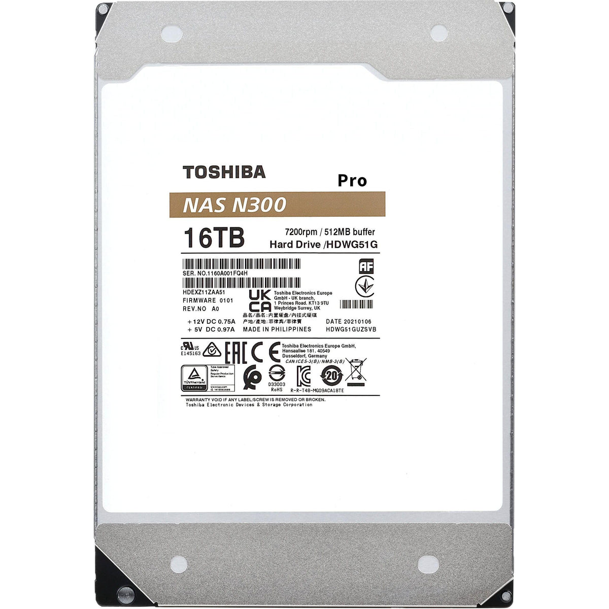 Toshiba N300 PRO 16TB Large-Sized Business NAS (up to 24 bays) 3.5-Inch Internal Hard Drive - Up to 300 TB/year Workload Rate CMR SATA 6 GB/s 7200 RPM 512 MB Cache - HDWG51GXZSTB