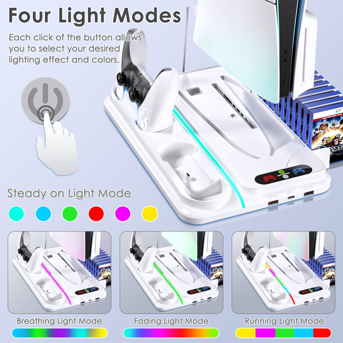 PS5 Cooling Station for PS5/Slim/Pro Disc Digital Console,PS5 Fan Cooling Fan with Dual PS 5 Controller Charger,3 Level Fan, RGB Light,12 Slot, PS5/Slim/Pro Stand for PlayStation 5 Console Accessories