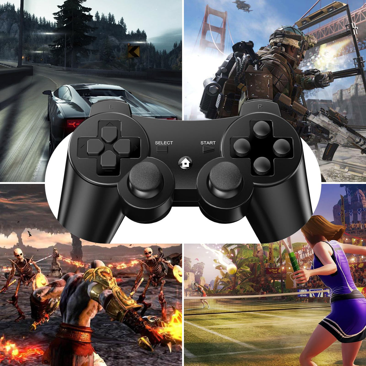 Diswoe Controllers for PS-3, Wireless PS-3 Controller 2 Pack, Bluetooth Gamepad Joystick, Double Vibrating Controller for Play_station 3 with 2 USB Charging Cables Thump Grips, Black