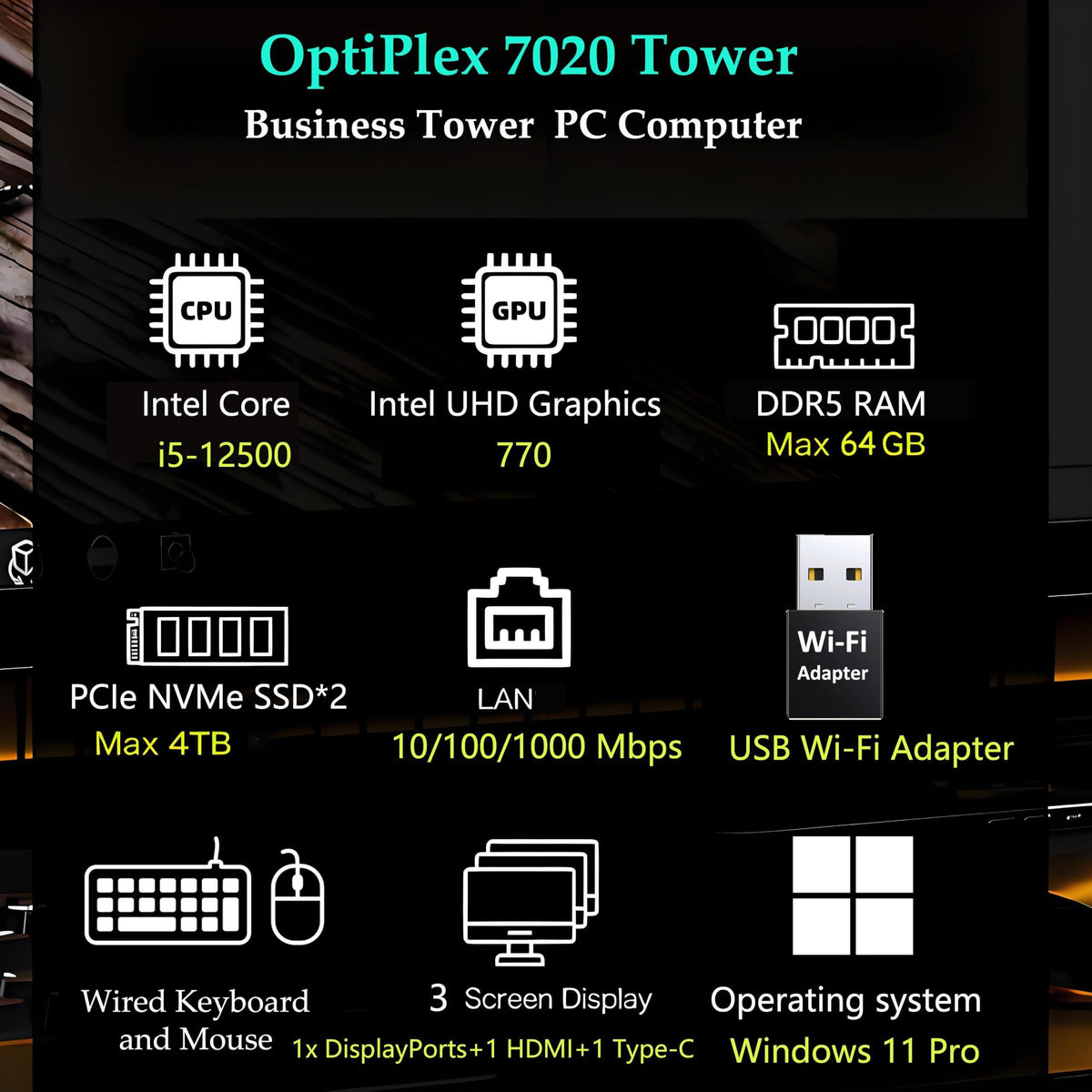 Dell OptiPlex 7020 Desktop Computers, 7000 Tower PC, Intel 6-Core i5-12500 (Beat i7-11700), 32GB DDR5 RAM, 1TB PCIe SSD, DVDRW, WiFi Adapter, RJ-45, HDMI, DisplayPort, KB and Mouse, Windows 11 Pro