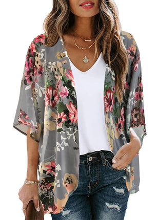 Women's Floral Print Puff Sleeve Kimono Cardigan Loose Cover Up Casual Blouse Tops(Dark Grey,L)