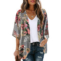 Women's Floral Print Puff Sleeve Kimono Cardigan Loose Cover Up Casual Blouse Tops(Dark Grey,L)
