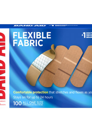 Band Aid Brand Flexible Fabric Sterile Adhesive Bandages, Comfortable Cushioned Wound Care & Protection for Minor Cuts, Scrapes & Burns, First Aid, Hurt Free Comfort Pad, One Size 1x3 In, 100 Count