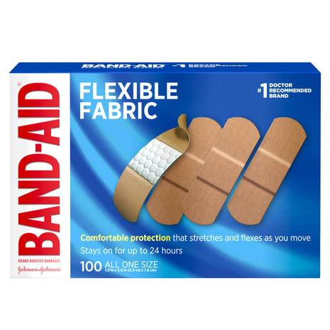 Band Aid Brand Flexible Fabric Sterile Adhesive Bandages, Comfortable Cushioned Wound Care & Protection for Minor Cuts, Scrapes & Burns, First Aid, Hurt Free Comfort Pad, One Size 1x3 In, 100 Count