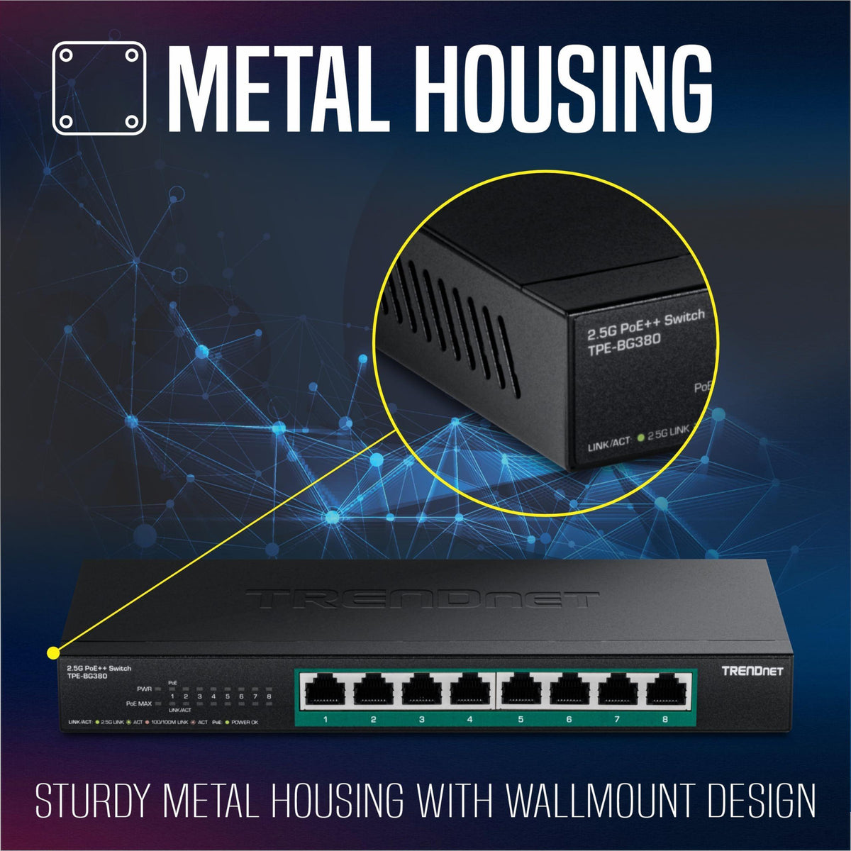 TRENDnet 8-Port 2.5G PoE++ Switch, TPE-BG380, 8 x 2.5GB PoE++ Ports, 230W Poe Power Budget, 40Gbps Switching Capacity, NDAA + TAA Compliant, Lifetime TRENDnet Protection