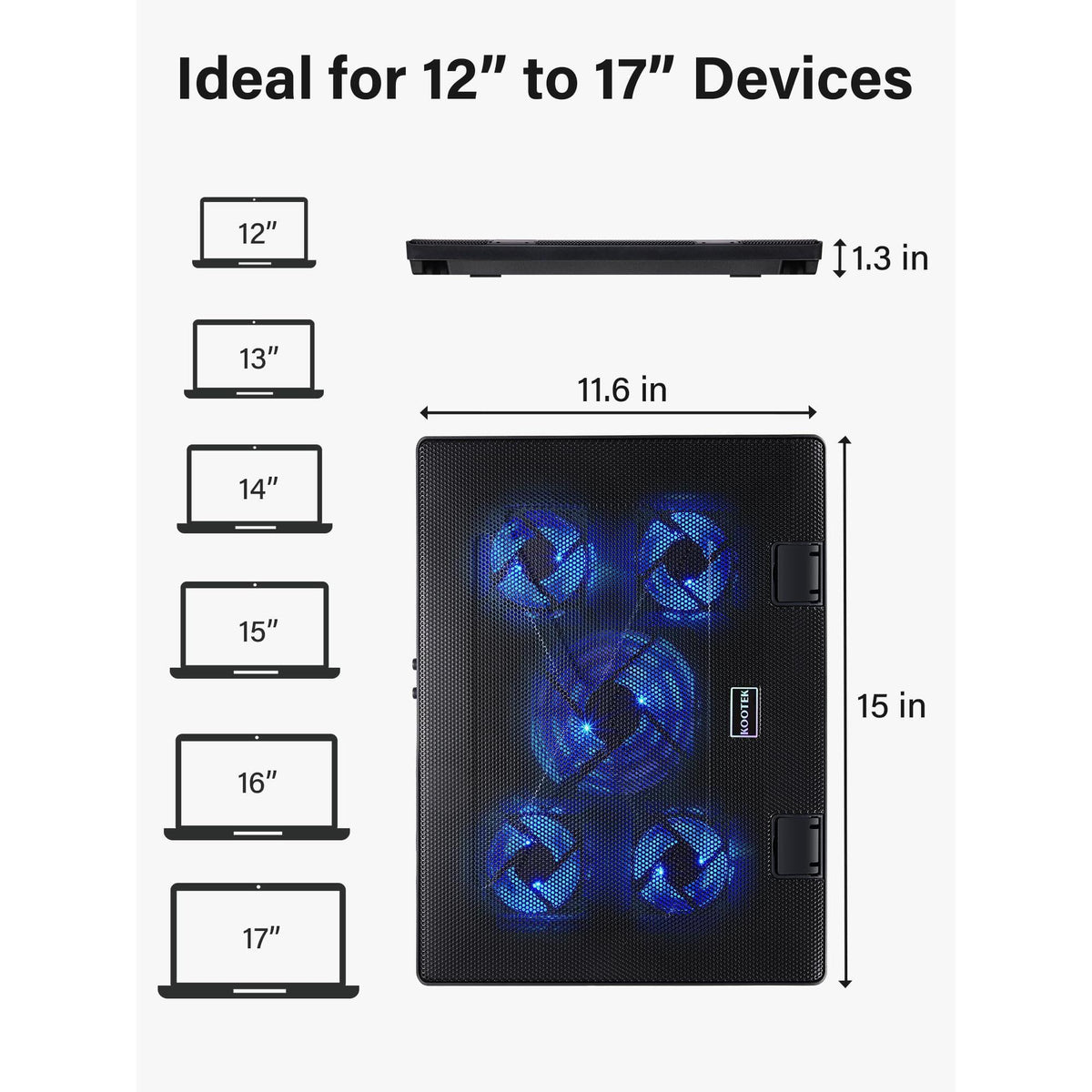 Kootek Laptop Cooling Pad, Laptop Cooler with 5 Quiet Fans for 12"-17" Computer PC Notebook Gaming Laptop Fan, Height Adjustable Laptop Cooling Stand Laptop Accessories, Blue