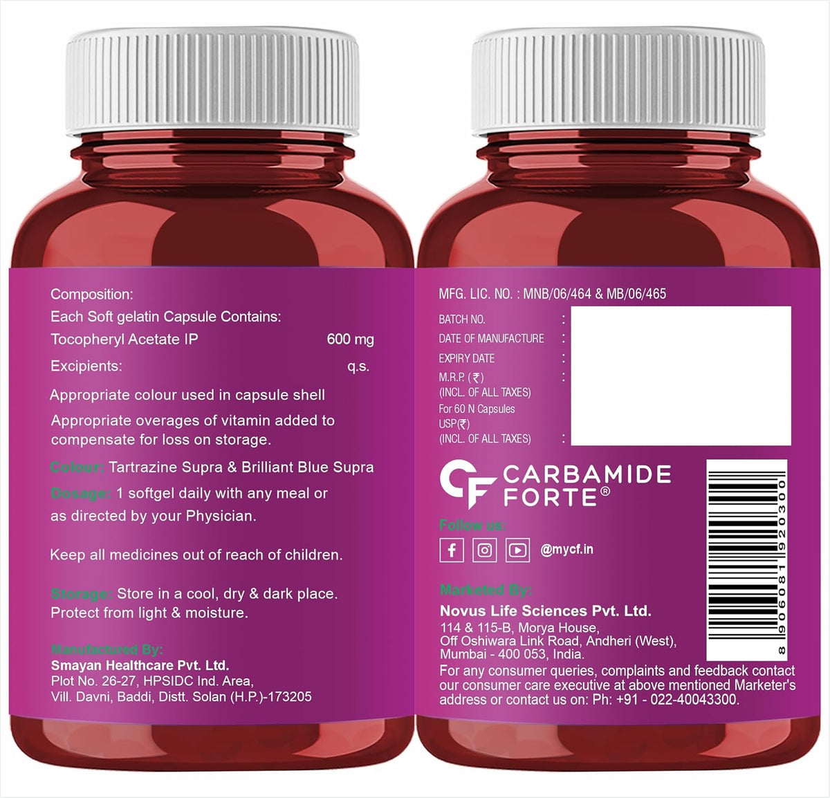 Carbamide Forte 600 mg Vitamin E Capsules for Face and Hair | 100% Natural Vitamin E Supplement with Vitamin E Oil | Paraben Free - 120 Capsules