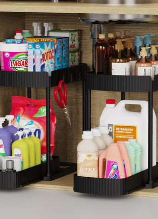 Ukeetap Multi-Purpose Pull-Out Storage Organizers, Under Sink/Cabinet Organizers and Storage for Bathroom & Kitchen, Black, 12.8 Inches, 2 Packs