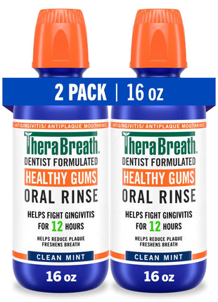TheraBreath Healthy Gums Oral Rinse, Antigingivitis, Clean Mint Flavor, Dentist Formulated to Help Prevent Gingivitis and Support Gum Health, Alcohol Free, 16 Fl Oz (Pack of 2)