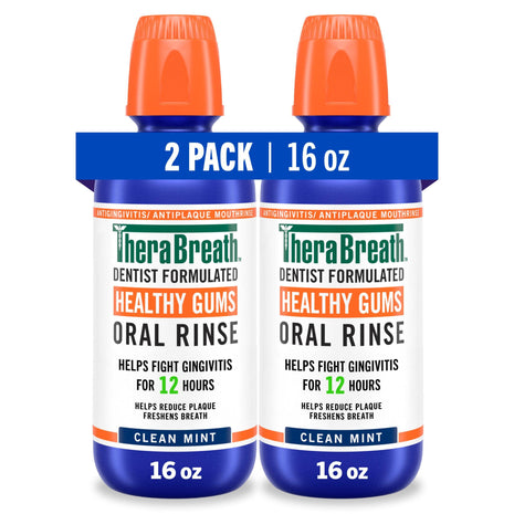 TheraBreath Healthy Gums Oral Rinse, Antigingivitis, Clean Mint Flavor, Dentist Formulated to Help Prevent Gingivitis and Support Gum Health, Alcohol Free, 16 Fl Oz (Pack of 2)
