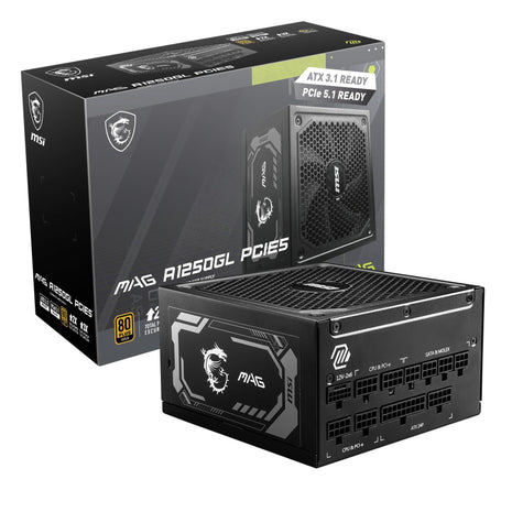MSI MAG A1250GL PCIE5, Fully Modular Compact Gaming 1250W Power Supply, 80+ Gold, ATX 3.1 & PCIe 5.1 Ready, Native Dual-Color 12V-2x6 Cable, 10 Year Warranty