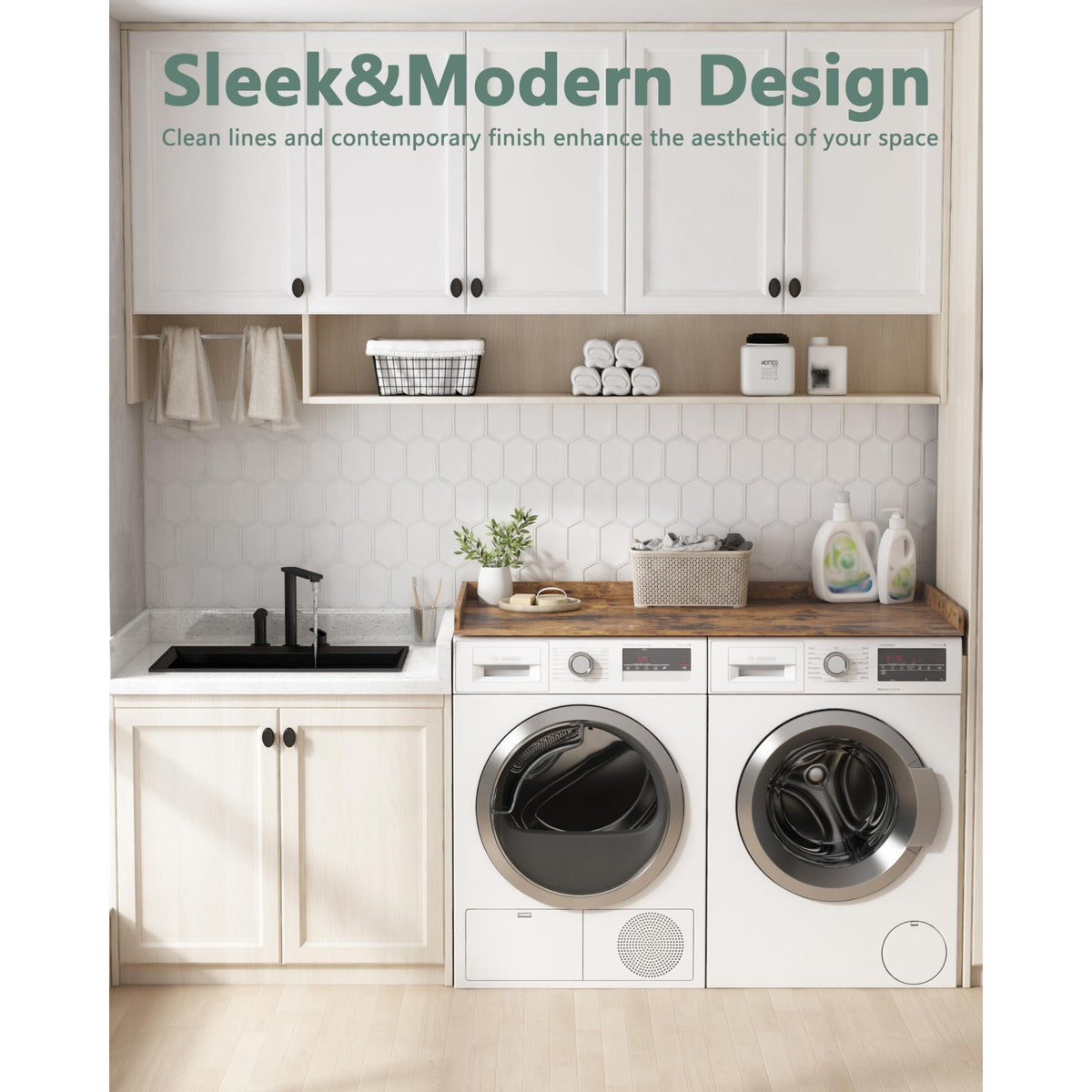 Piskyet Washer Dryer Countertop,Laundry Countertop with Edge Rails,27.5" Depth x 54" Wood Countertop For Washer and Dryer,Laundry Machine Topper for Laundry Room Organization and Storage(Rustic Brown)