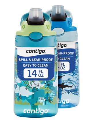 Contigo Aubrey Kids Water Bottle, 2-Pack, 14oz, Dinos & Sharks, Spill-Proof Lid, Dishwasher Safe, Blue & Green