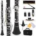 Mendini by Cecilio B Flat Clarinet for Beginner, Ebonite Bb Clarinet with 2 Replaceable Barrels, 10 Reeds, Stand, Pocketbook, Mouthpiece, Hard Case, Gloves, Black