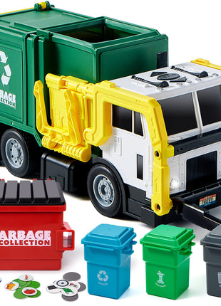 JOYIN Large Friction Powered Garbage Truck Toy Set, Includes 1 Dumpster, 3 Trash Bins, and 30 Learning Cards for Kids, Boy Toys Birthday Gift, Green