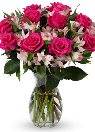 Benchmark Bouquets - Charming Roses & Alstroemeria (Glass Vase Included) - Fresh Flowers for Delivery - Gift for Graduation, Birthday, Anniversary, Sympathy, Get Well, Congratulations