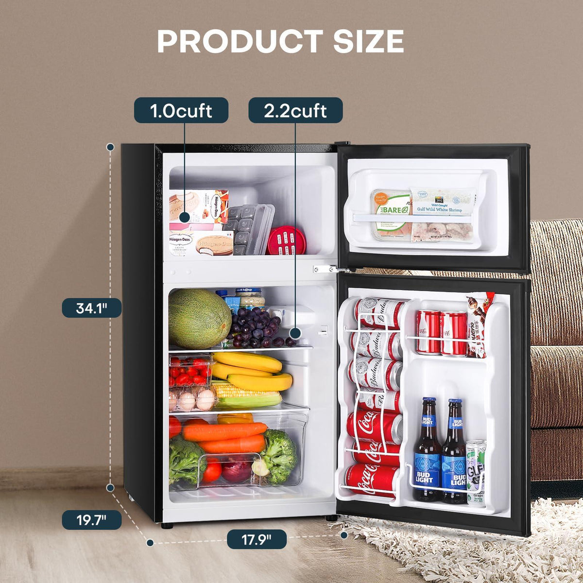 Upstreman 3.2 Cu.Ft Mini Fridge with Freezer, Double Door Mini Fridge, Adjustable Thermostat, Mini Refrigerator for Dorm, Office, Bedroom, Stainless-SD321