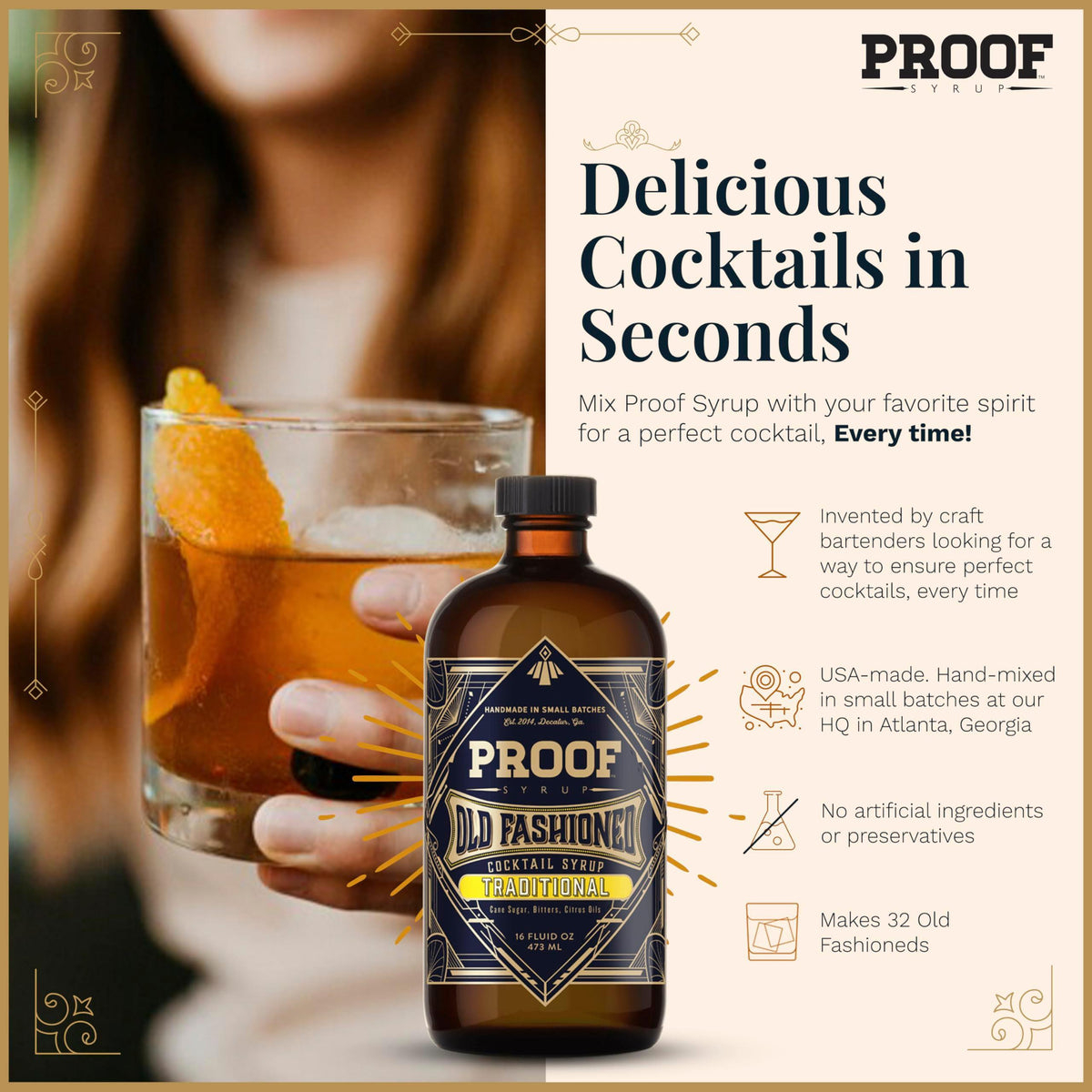 Proof Syrup Old Fashioned Cocktail Mix - Made with Real Bitters & Cane Sugar - Traditional Old Fashion Flavor - Fast, Easy, Delicious, Handcrafted Cocktail Syrup - 16oz - 1 Bottle