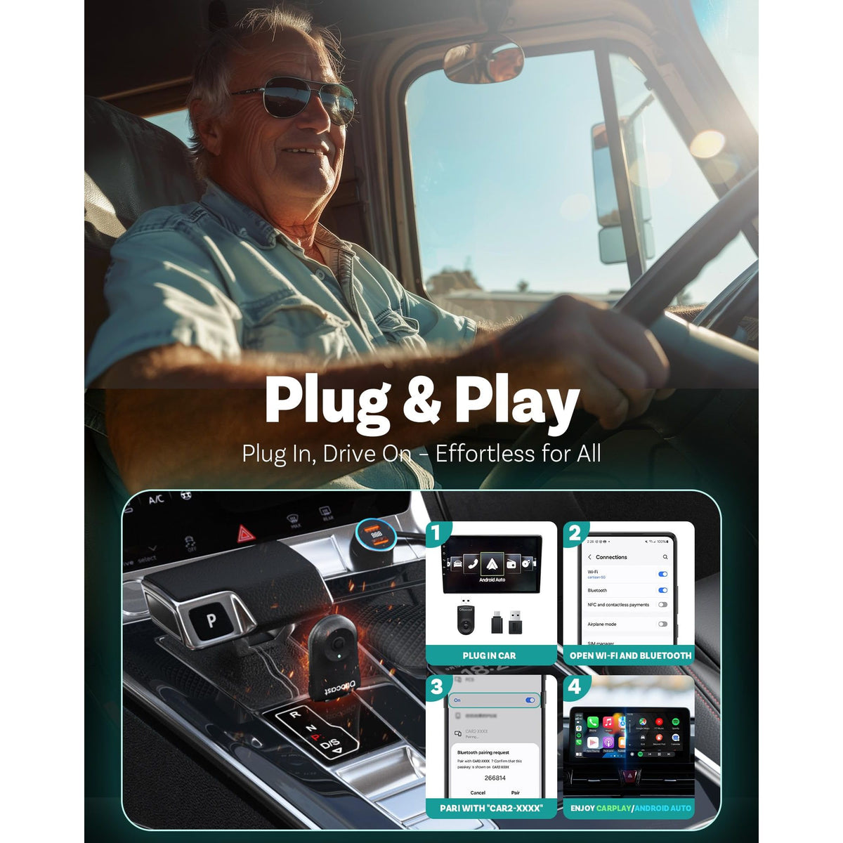 OTTOCAST Mini 2025 2-in-1 Wireless CarPlay/Android Auto Adapter, 5GHz WiFi, Auto Connect for 2016+ Cars