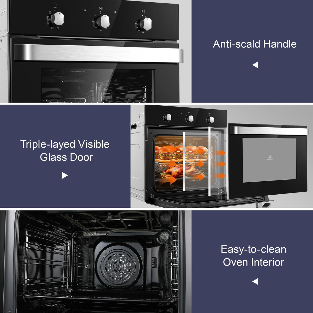 Wall Ovens 24 inch Electric,Built-in Single Wall Ovens, Convection Wall Oven with Rotisserie, 8 Cooking Functions,2900W,240V,2.15Cu.f Mechanical Knobs Control, Black Tempered Glass Finish