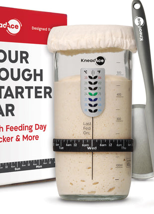 KneadAce Sourdough Starter Jar With Date Marked Feeding Band, Thermometer, Sourdough Jar Scraper, Sourdough Container Sewn Cloth Cover & Metal Lid, Sourdough Starter Kit