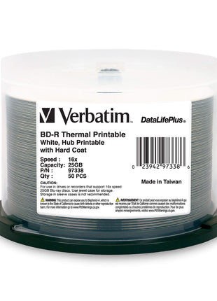 Verbatim BD-R 25GB 16X DataLifePlus White Thermal Printable, Hub Printable - 50pk Spindle
