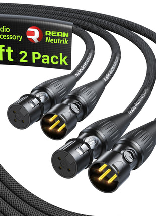 XLR Cables 10ft 2 Pack, Neutrik REAN Gold-Pin Connectors, 21AWG OFC, Kevlar-Reinforced 10X Heavy Duty Nylon Braided, Dual Shielded Noiseless Balanced Microphone Cable for Shure Mic