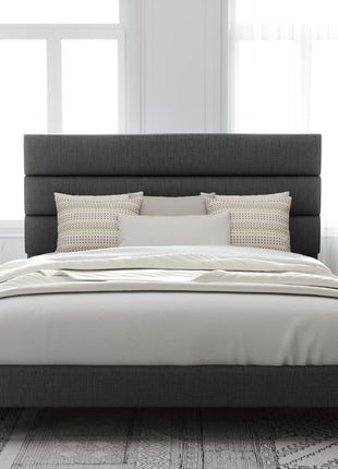 Allewie Queen Size Platform Bed Frame with Fabric Upholstered Headboard and Wooden Slats Support, Fully Upholstered Mattress Foundation/No Box Spring Needed/Easy Assembly, Dark Grey