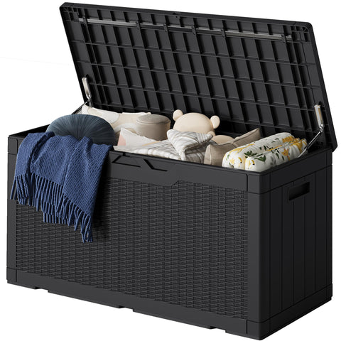 Greesum 100 Gallon Resin Deck Box Lockable Large Outdoor Storage Boxes for Garden Tools, Patio Furniture Cushions, Pool Supplies, Black