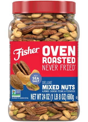 Fisher Oven Roasted Never Fried Deluxe Mixed Nuts, 24 Ounces | Pack Of 1, Almonds, Cashews, Pecans, Pistachios, Healthy Snacks For Adults, Made With Sea Salt, No Added Oil, Gluten Free