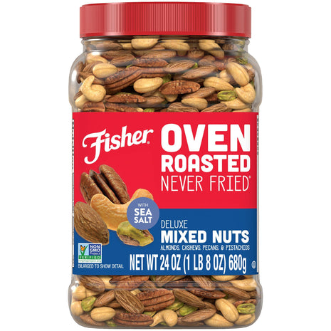 Fisher Oven Roasted Never Fried Deluxe Mixed Nuts, 24 Ounces (Pack of 1), Almonds, Cashews, Pecans, Pistachios, Healthy Snacks for Adults, Made With Sea Salt, No Added Oil, Trail Mix, Gluten Free?