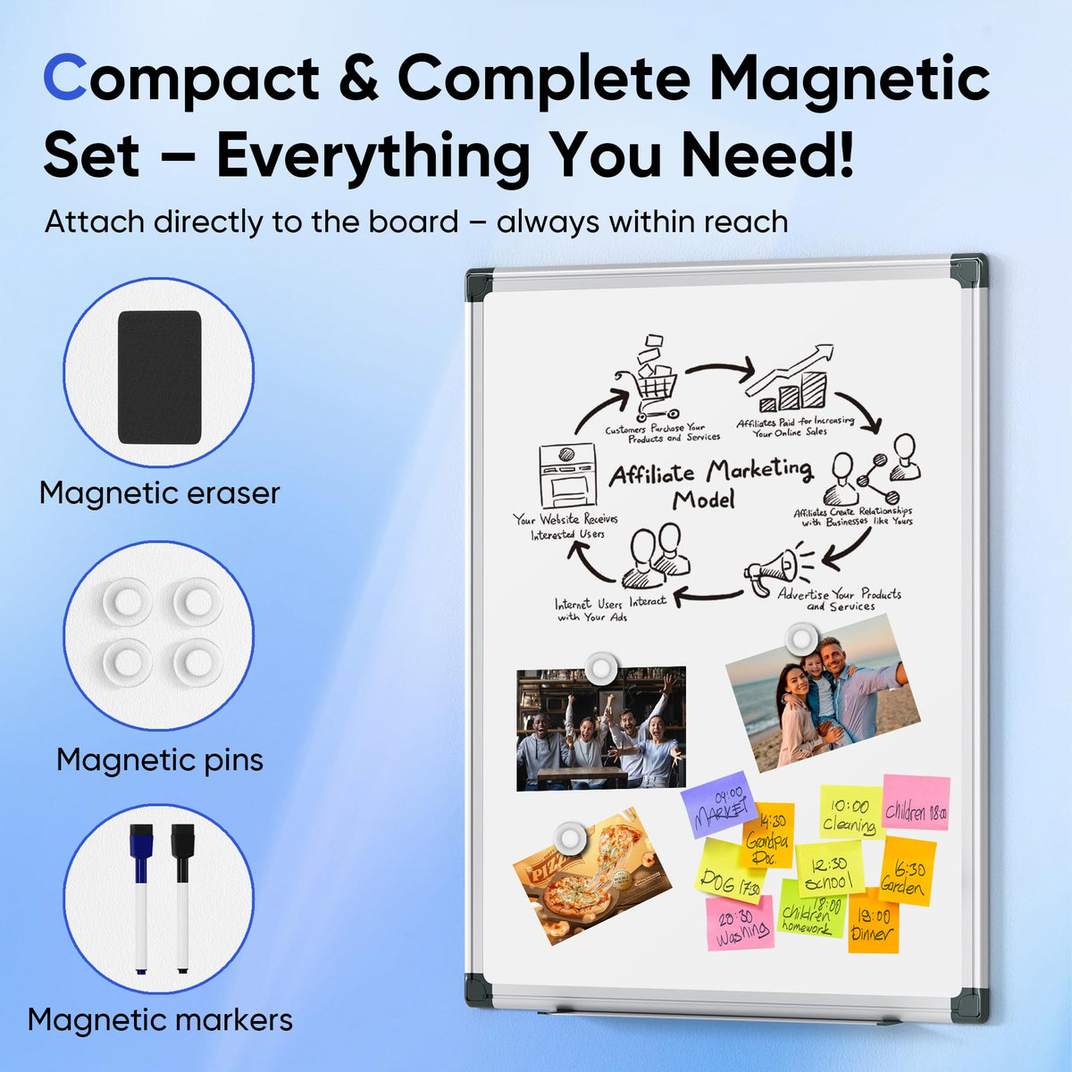 VUSIGN 24" x 18" Magnetic Whiteboard for Wall, Dry Erase Board with Silver Frame, Hanging White Board for Office, Home, School, Dorm – Includes Markers, Magnets & Eraser