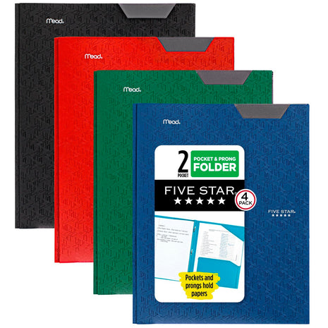 Five Star 2-Pocket Folder, 4 Pack, Plastic Folder with Stay-Put Tabs and Prong Fasteners, Holds 8-1/2 inch x 11 inch Paper, Black, Fire Red, Forest Green, Pacific Blue (38048)