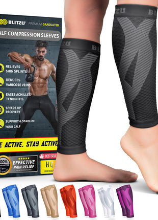 BLITZU Calf Compression Sleeves for Men and Women. Footless Compression Socks Support for Varicose Vein, Nursing, Running. Leg Sleeve Brace for Shin Splints, Pain Relief & Reduces Swelling Black L xL