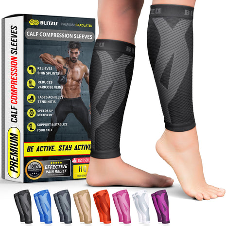 BLITZU Calf Compression Sleeves for Men and Women. Footless Compression Socks Support for Varicose Vein, Nursing, Running. Leg Sleeve Brace for Shin Splints, Pain Relief & Reduces Swelling Black L xL