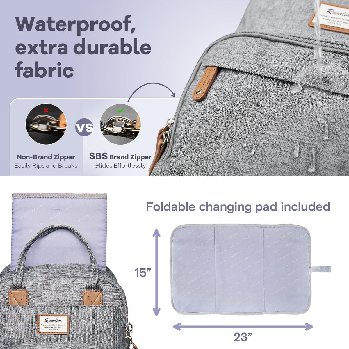 RUVALINO Diaper Bag Backpack-Multifunction Travel Baby Diaper Bag with Changing Pad, Insulated Bottle Holders & Pacifier Case, Large Capacity, Waterproof, Gray