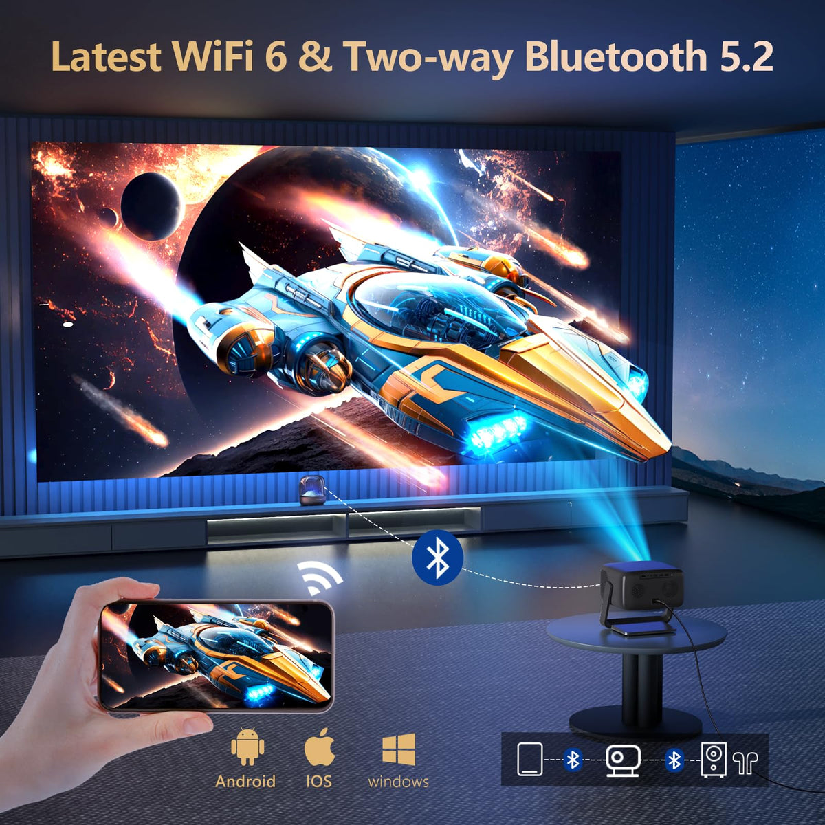 [2000 ANSI/ Official-NetfIix/360°Stand] Outdoor Projector with WiFi and Bluetooth, Auto Focus, Auto Keystone 4K Projector Native 1080P Support 36W DoIby Audio 500'' Display Smart Proyector