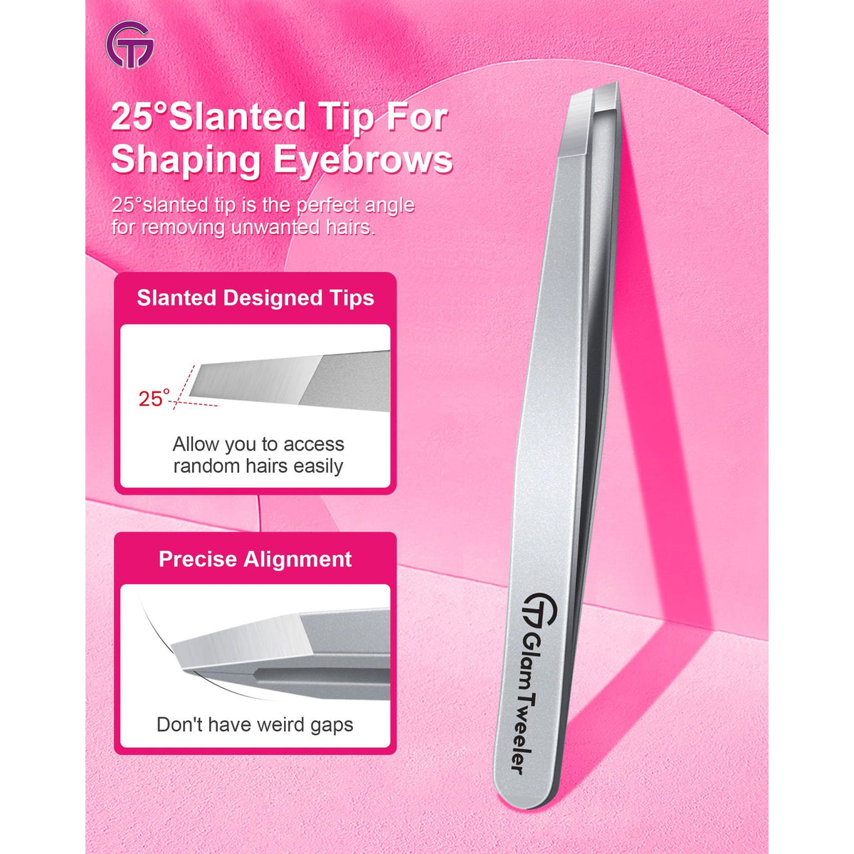 Expert Slant Tip Tweezers with Leather Case, GlamTweeler Sharp & Precision Stainless Steel Tweezer for Eyebrows, Facial Hair and Fine Hairs Removal (Silver)